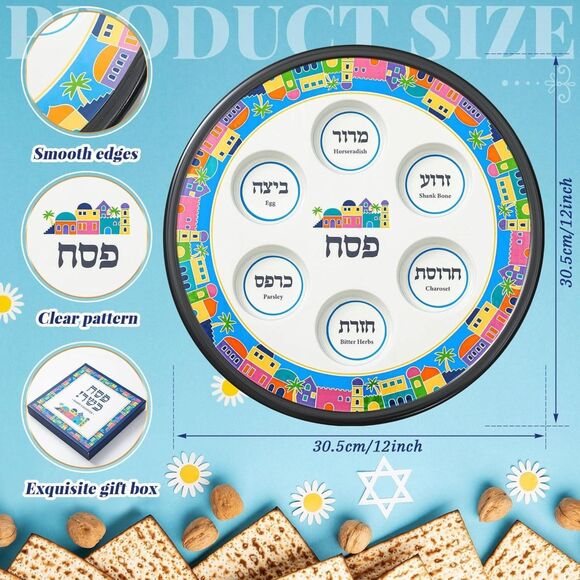 Hushee Passover Seder Plate 12.2” Ceramic Round Blue White w/ Gift Box - Picture 3 of 7